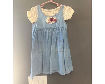 Kids Vintage Denim Jumper Dress 4T Light Wash Floral Lace Made USA Cottage