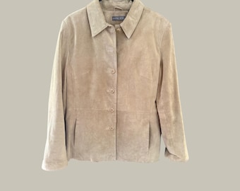 Kate Hill Vintage 90s Tan Suede Leather Button Front Collared Jacket Size Large