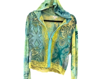 Jaipur Womens Y2K Mesh Paisley Tie Dye Zip Up Hoodie Lace Rosette Turquoise L