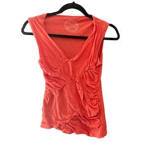 Deletta Anthropologie Y2k Orange Ruched V-Neck Cotton Slub Tank Top Small afbeelding 1