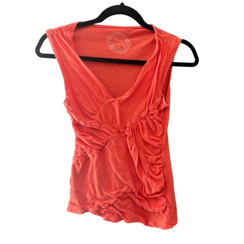 Deletta Anthropologie Y2k Orange Ruched V-Neck Cotton Slub Tank Top Small afbeelding 1