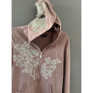 BCBGMAXAZRIA Y2k Rhinestone Scroll Zip Up Hoodie Mauve Brown Size M Bling