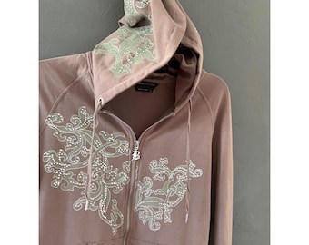 BCBGMAXAZRIA Y2k Rhinestone Scroll Zip Up Hoodie Mauve Brown Size M Bling