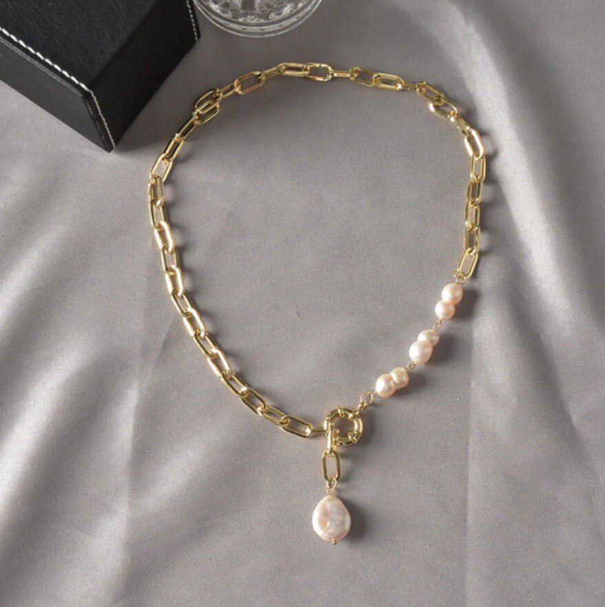 Gold Pearl Chain Link Necklace Etsy