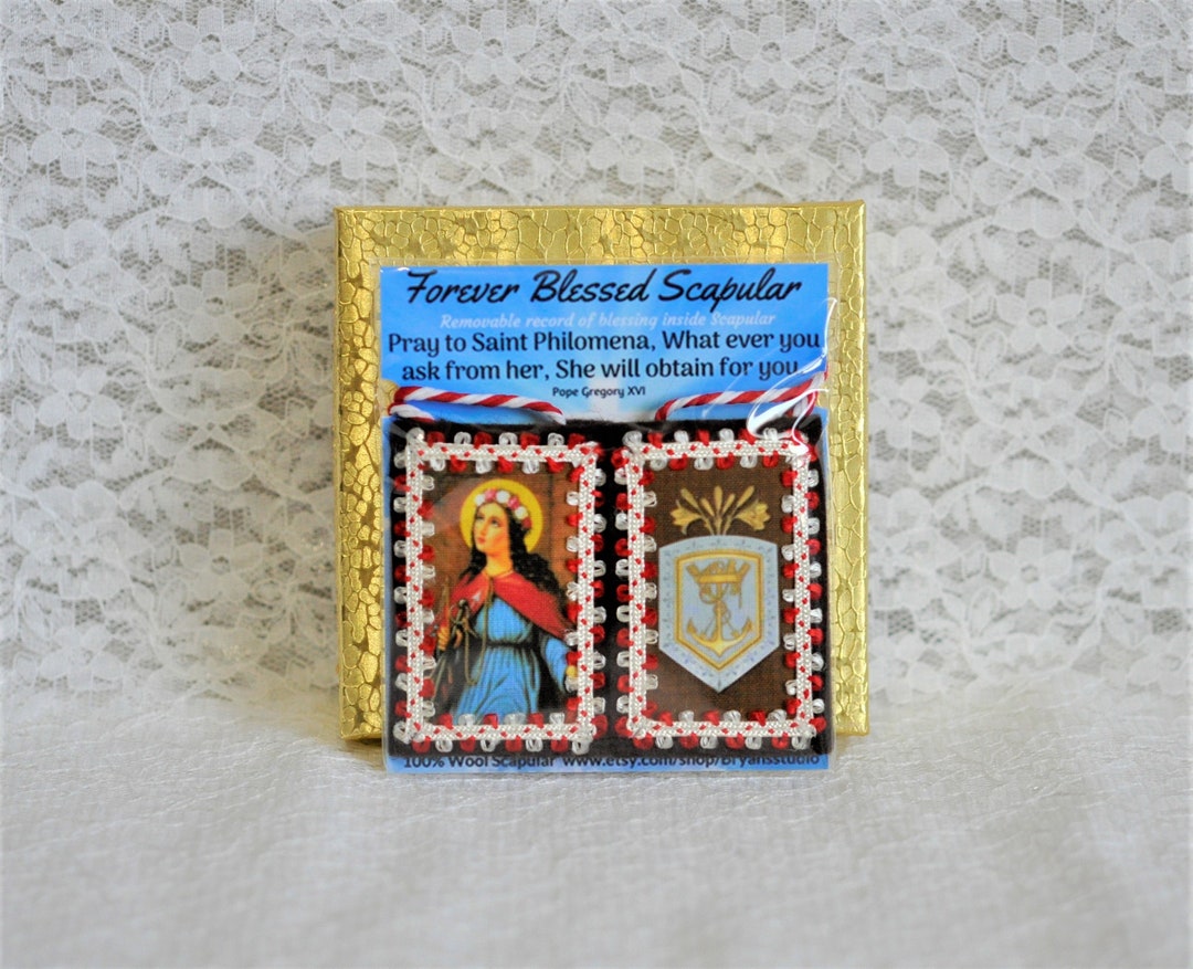 Saint Philomena Cord Crest Brown Wool Scapular With Quote Etsy