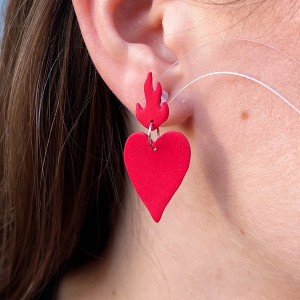 Sacred Heart Drop Earrings • Flaming Heart Jewelry • Polymer Clay Earrings • Handmade Earrings • Earrings for a Cause