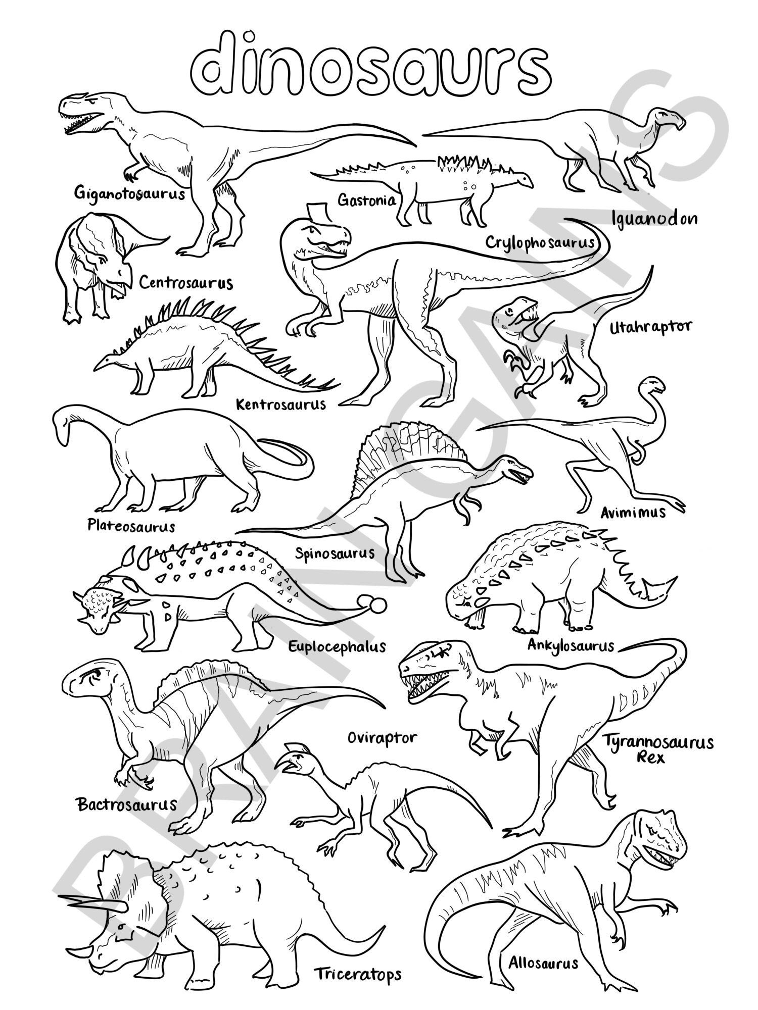 Dinosaurs Coloring Page Digital Download Printable PDF for Kids Dinosaurs Coloring Page Digital Download Printable PDF for Kids
