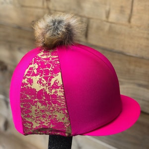 Horse Riding hat silk gold craze and pink  base skull cap or pocket peak
