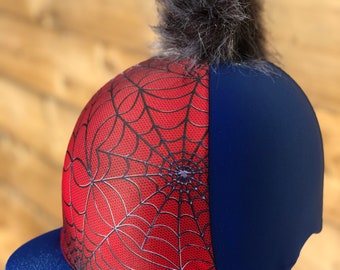 Horse Riding helmet hat silk cover boy spider man double panel and  blue . Button or Pom , skull cap or pocket peak