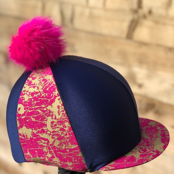 Horse Riding hat silk cover pink craze navy blue button or Pom Pom