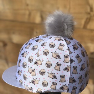 Horse Riding hat silk cover pug / bull dog sparkly peak . Skull cap or pocket peak available.Pom button top