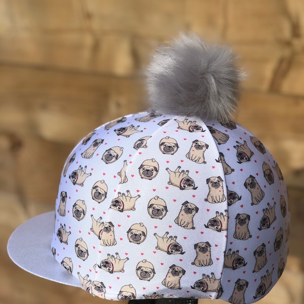 Horse Riding hat silk cover pug / bull dog sparkly peak . Skull cap or pocket peak available.Pom button top