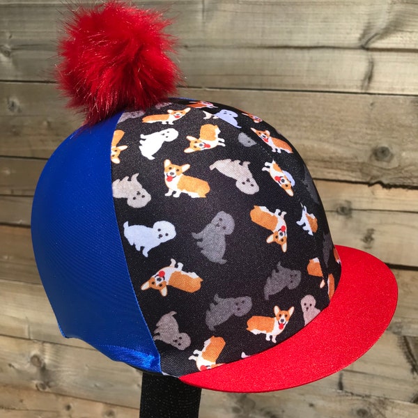 Horse Riding hat silk blue base and  peak  puppies front . Skull cap or pocket peak available.