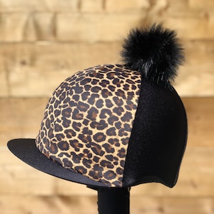 Horse Riding helmet hat silk cover black Cheetah animal prints . Skull cap or pocket peak available.