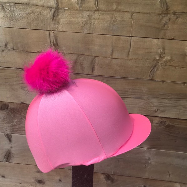 Horse Riding hat silk cover  Candy pink.Pom Poms button top Skull cap or pocket peak available.