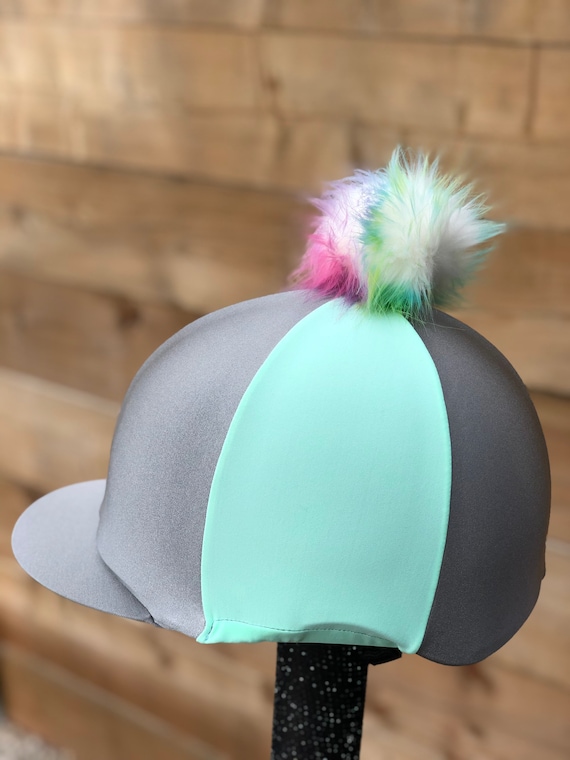 Riding Hat Silk skull cap cover GREY & BABY PINK Extra Large Faux Fur Pompom 