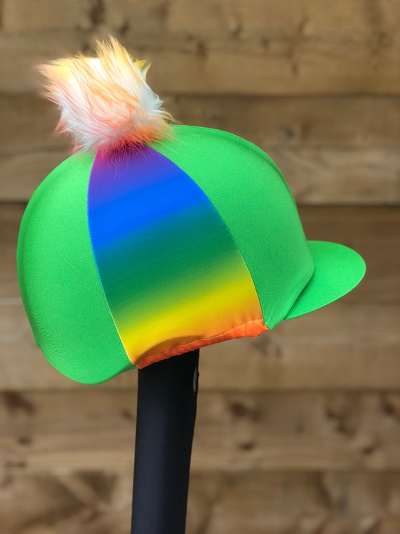 Horse Riding hat silk rainbow and lime base skull cap or pocket peak