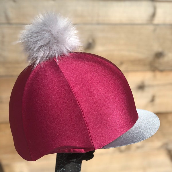 Horse Riding hat silk cover French Rose. Pom Skull cap or pocket peak available.button top Pom Pom