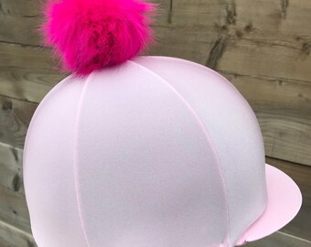 Horse Riding hat silk cover  sweetie pink.Pom Poms button top Skull cap or pocket peak available.