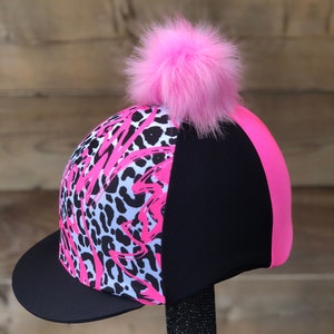 Horse Riding helmet hat silk cover Pink splash animal prints . Skull cap or pocket peak available.