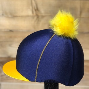 Horse Riding hat silk navy blue  base yellow peaks and details .skull cap or pocket peak available