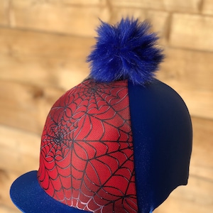 Horse Riding helmet hat silk spiderman web royal blue .