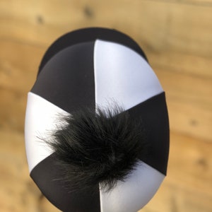 Horse Riding hat silk cover black and white .Pom Poms button top Skull cap or pocket peak