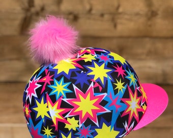 Riding Hat Silk Skull cap Cover BLACK HOT CERISE PINK  STARS With or W/O pom 