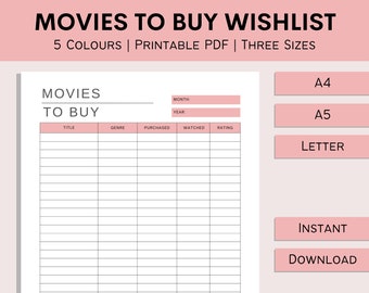 Movies To Buy Watchlist | Movies To Watch List | Movie Tracker | Print At Home Movie Chart | Printable Movie Sheet | PDF | A4 | A5 | Letter