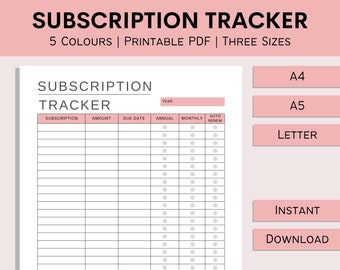 Subscription Tracker | Printable Expense Tracker | Subscription Log | Membership Organizer | Planner Inserts | PDF | A4 | A5 | Letter