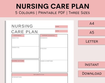 Nursing Care Plan | Student Nurse Sheets | Nursing Student Resources | Assessment Diagnosis Planning | Template | PDF | A4 | A5 | Letter
