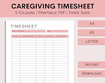Caregiver Employee Timesheet | Health Care Hours Worked | Home Health Nurse Schedule | Caregiver Shift Tracker | PDF | A4 | A5 | Letter