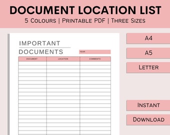 Document Location List | Home Document Organizer | Household Family Planner | Important Documents Sheet | PDF | A4 | A5 | Letter