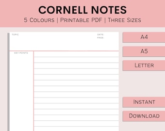 Cornell Notes | Printable Note Paper | Cornell Note Taking System |  Student Notes | School Method | Planner Insert | PDF | A4 | A5 | Letter