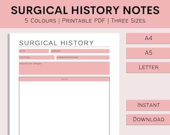 Surgical History Notes Printable | Procedure Form | Health History Log | Medical Binder | Family Health Tracker | PDF | A4 | A5 | Letter