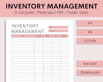 Pode incluir: Planilha de gestão de inventário imprimível com colunas para o item, a quantidade em estoque, a quantidade alvo, a quantidade vendida e a quantidade a ser reabastecida. A planilha está disponível nos tamanhos A4, A5 e Carta.