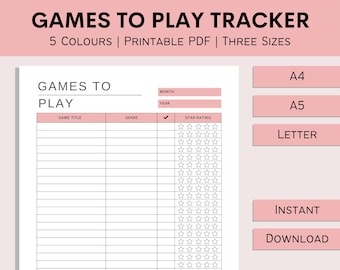 Games To Play Tracker | Video Game Journal | Gamer Log | Board Games Track | Print At Home Review Sheet | Game List | PDF | A4 | A5 | Letter