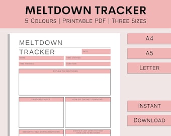 May include: A printable Meltdown Tracker in pink and white, with sections for name, time, triggers, and sensory levels. The text reads "MELTDOWN TRACKER" and "5 COLOURS | PRINTABLE PDF | THREE SIZES". Available in A4, A5, and Letter sizes.