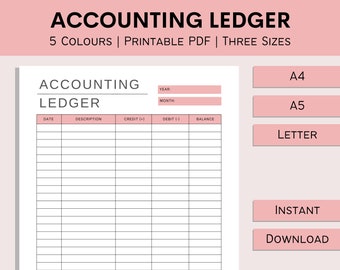 Printable Accounting Ledger | Bookkeeping Template | Small Business Accounting | Credit And Debit Log Book | PDF | A4 | A5 | Letter