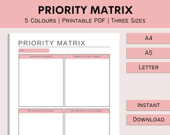 Priority Matrix Printable | Daily Task Planner | Eisenhower Matrix Template | Action Plan List | Decision Matrix | PDF | A4 | A5 | Letter