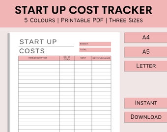 Start Up Costs Tracker | Printable Business Costs | Financial Planner | Supply Costs | Small Business Log | PDF | A4 | A5 | Letter