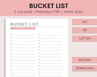 Bucket List Printable, To Do List Planner, Life Goals Plan, Travel List Journal, Retirement Ideas Sheet, PDF, A4, A5, Letter