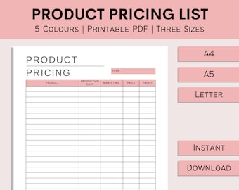 Printable Product Pricing List | Pricing Calculator | Inventory List | Business Costs | Small Business Planner | PDF | A4 | A5 | Letter