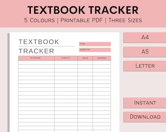 Textbook Tracker | College Books To Buy | Student Textbook List | Printable School Planner | University Book Track | PDF | A4 | A5 | Letter