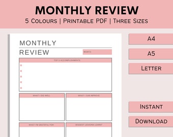 Monthly Review | Printable Monthly Evaluation | Reflection Tracker | Minimalist Monthly Summary | Simple Template | PDF | A4 | A5 | Letter