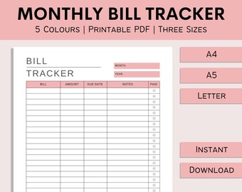 Monthly Bill Tracker | Bill Payment Log | Bill Checklist | Printable Finance Organizer | Utility Tracker | PDF | A4 | A5 | Letter