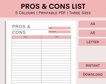 Pros And Cons List | Printable Idea List | Issue Organization Sheet | Print At Home Planner Insert | Template | PDF | A4 | A5 | Letter
