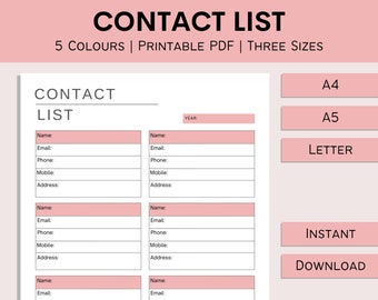 Contact List | Printable Address Book | Print At Home Contacts | Address Organizer | Planner Templates | Phone Book | PDF | A4 | A5 | Letter