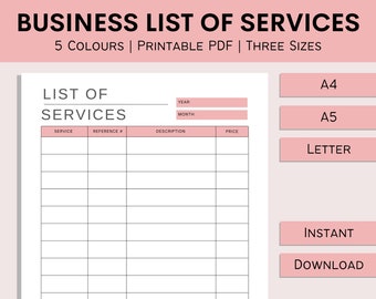 List Of Services | Small Business Services | Printable Business List | Service Planner | Company Service Template | PDF | A4 | A5 | Letter