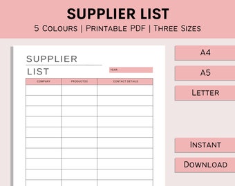 Business Supplier List Printable | Vendor Contact Details | Small Business Planner | Supply Information Log | PDF | A4 | A5 | Letter